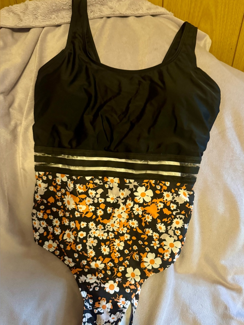Black Floral Kids One-Piece Swimsuit with Orange & White Flowers